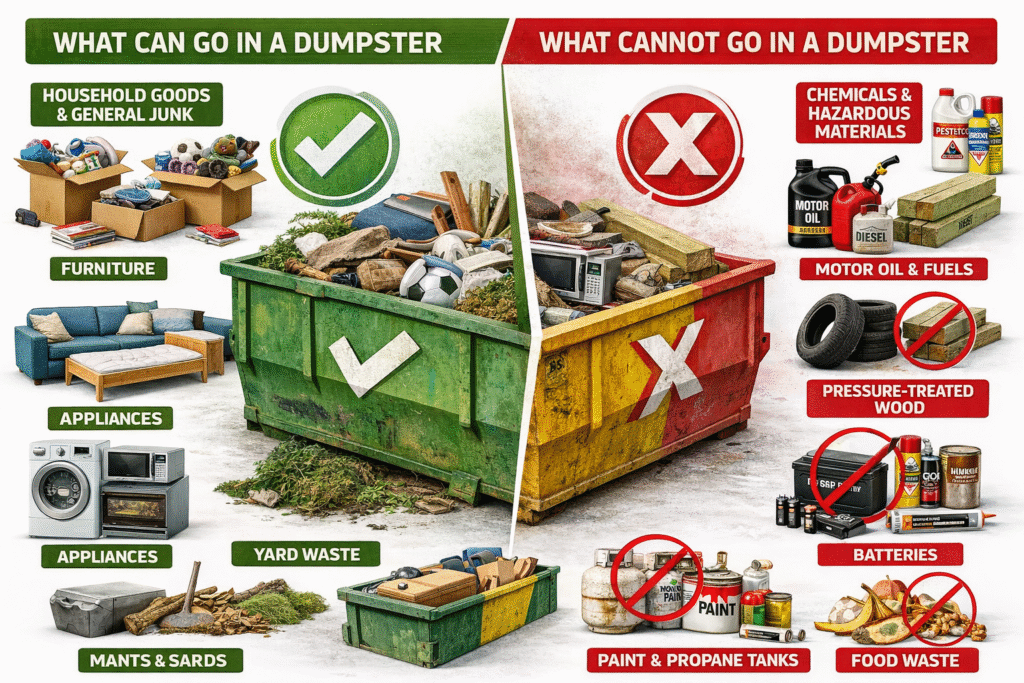 Collage image showing what can and cannot go in a dumpster with side-by-side comparison: accepted items like household junk, furniture, appliances, and yard waste on one side, and prohibited items like chemicals, motor oil, tires, batteries, paint, propane tanks, and food waste marked with red X on the other.