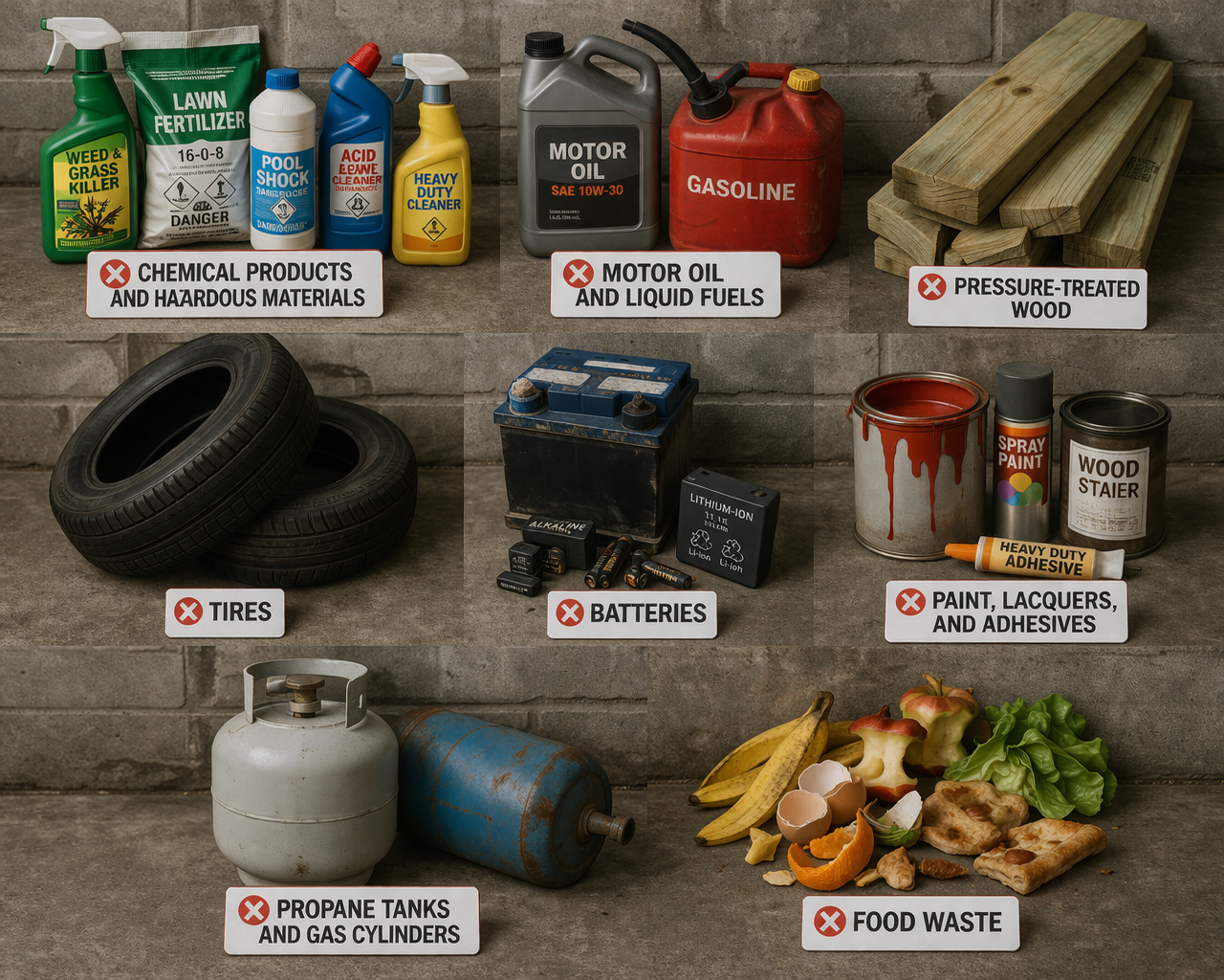 Realistic grid-style image showing prohibited dumpster items, each clearly labeled: chemical products and hazardous materials (cleaners, fertilizer, acid), motor oil and fuel containers, pressure-treated wood planks, stacked tires, various batteries, paint cans and adhesives, propane tanks, and food waste (peels, leftovers). Clean layout with bold warning labels and neutral industrial background.