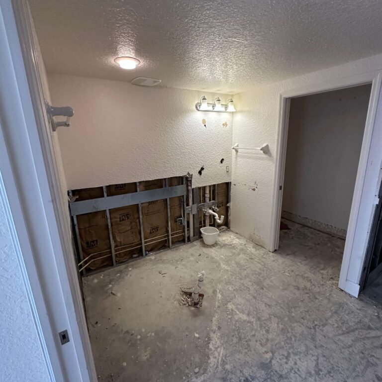 Bathroom wall partially demolished showing exposed framing